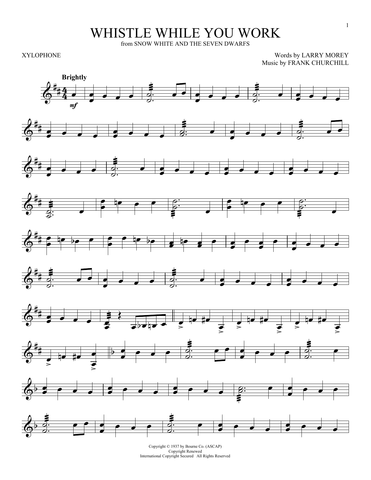 Larry Morey and Frank Churchill Whistle While You Work (from Snow White And The Seven Dwarfs) sheet music notes and chords arranged for Bells Solo