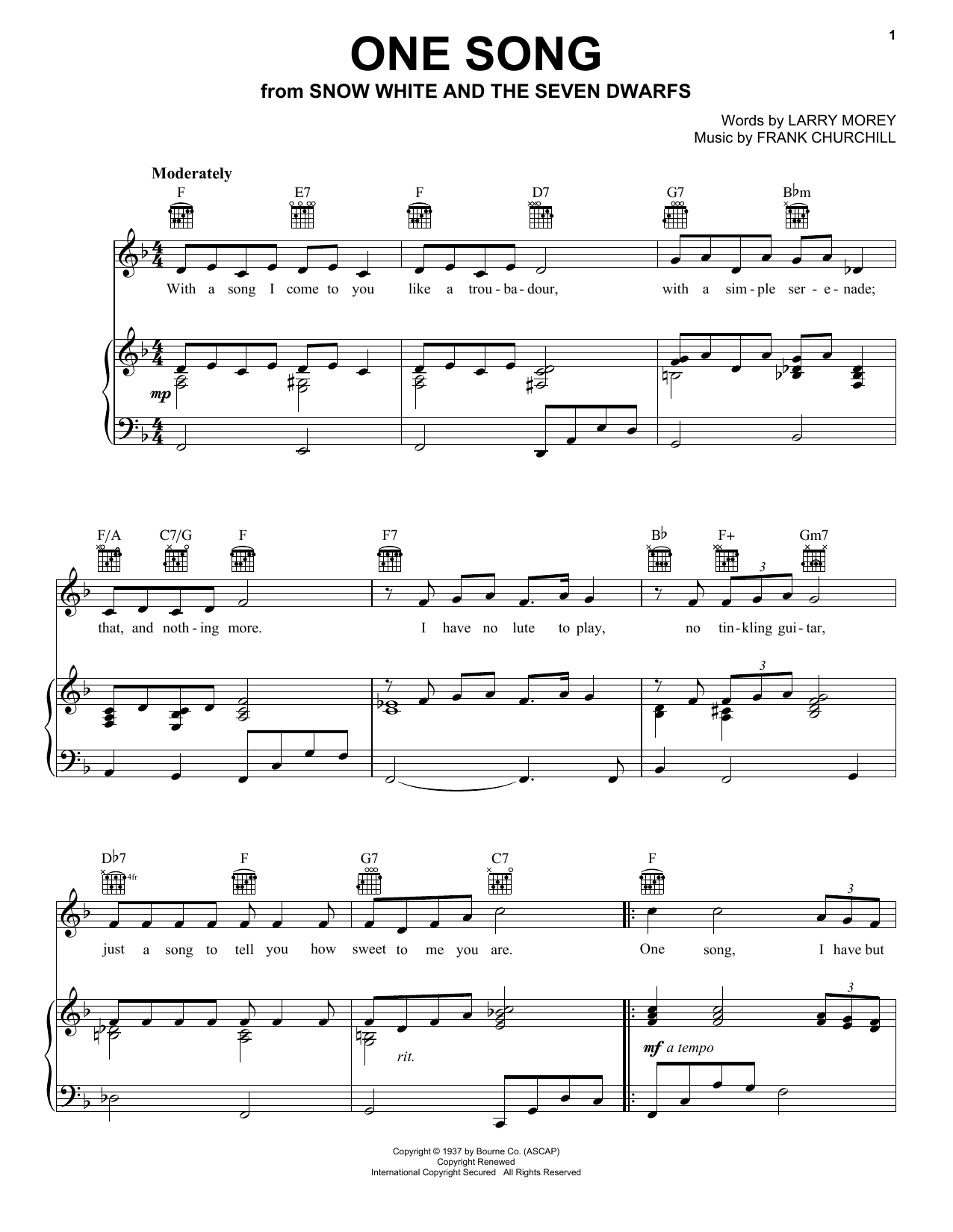 Larry Morey One Song sheet music notes and chords arranged for Piano, Vocal & Guitar Chords (Right-Hand Melody)