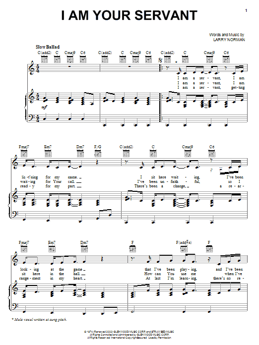 Larry Norman I Am Your Servant sheet music notes and chords arranged for Piano, Vocal & Guitar Chords (Right-Hand Melody)