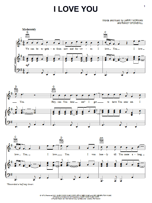 Larry Norman I Love You sheet music notes and chords arranged for Piano, Vocal & Guitar Chords (Right-Hand Melody)
