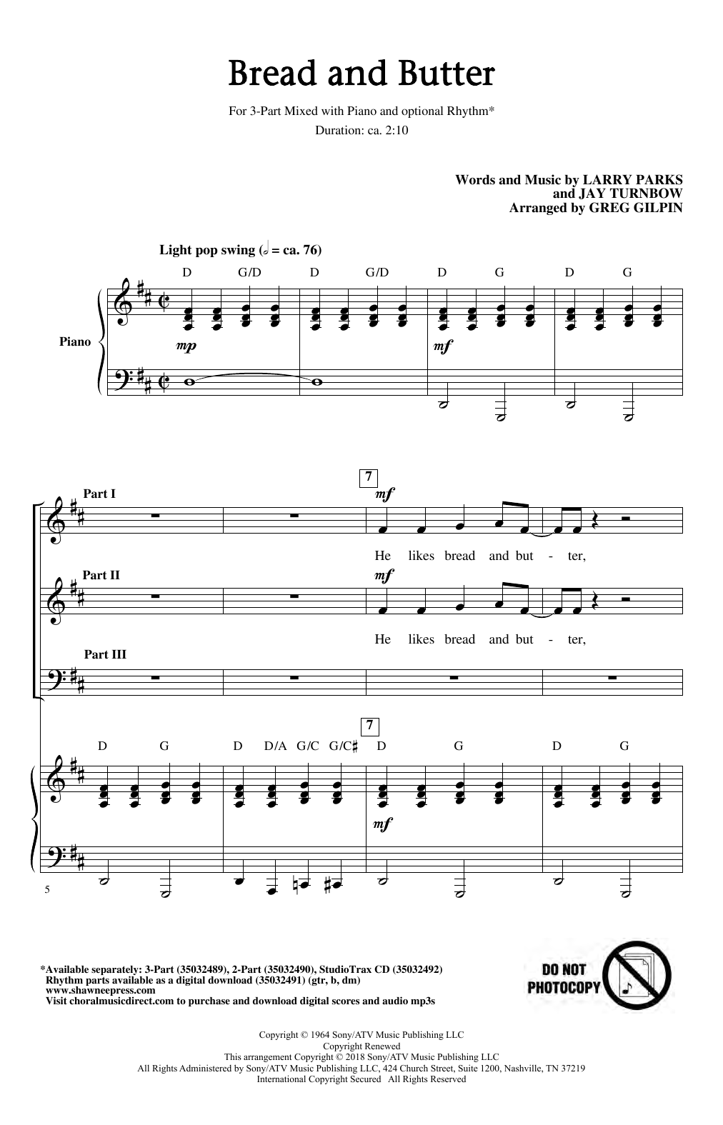 Larry Parks & Jay Turnbow Bread And Butter (arr. Greg Gilpin) sheet music notes and chords arranged for 3-Part Mixed Choir