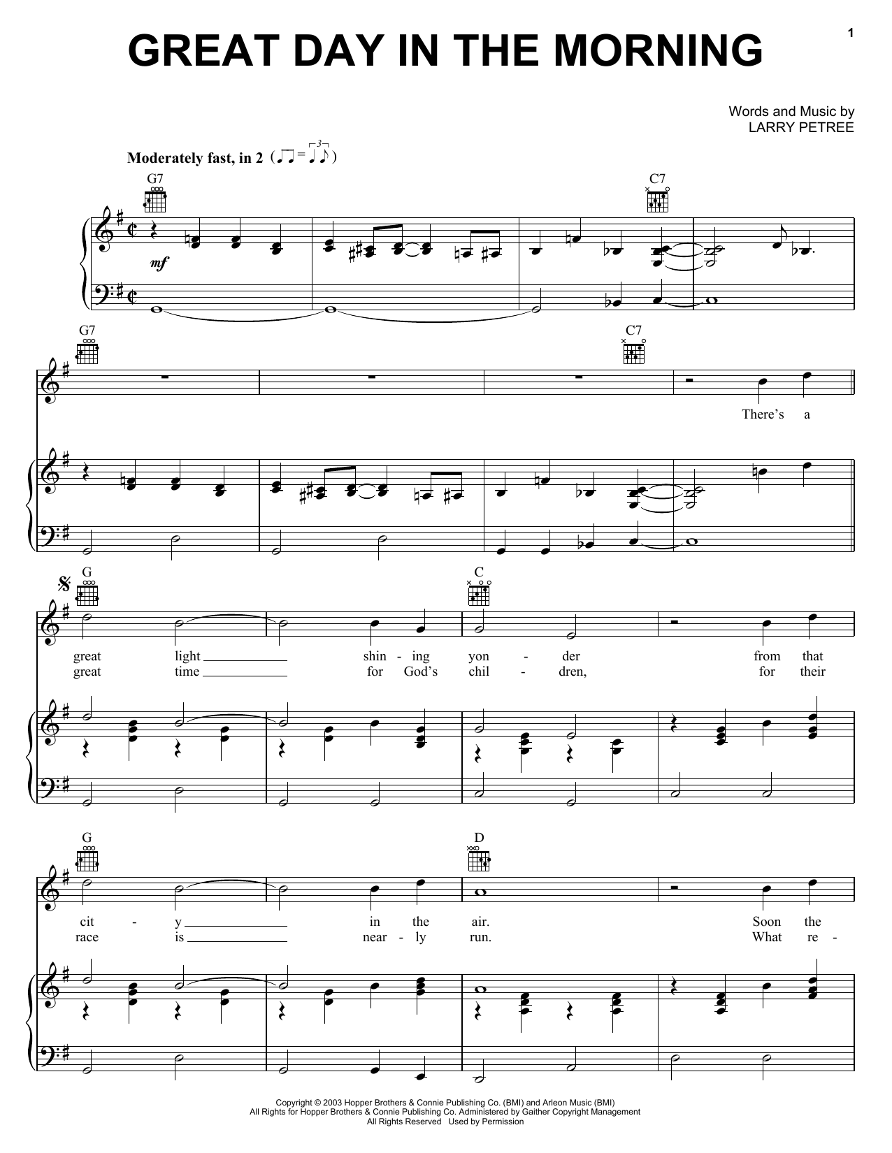Larry Petree Great Day In the Morning sheet music notes and chords arranged for Piano, Vocal & Guitar Chords (Right-Hand Melody)