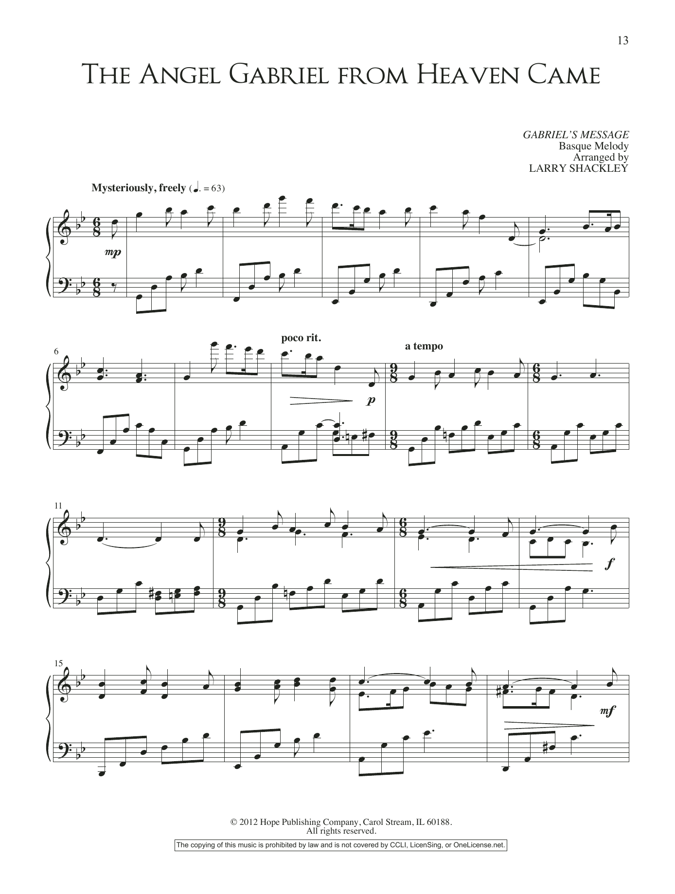 Larry Shackley The Angel Gabriel From Heaven Came sheet music notes and chords arranged for Piano Solo