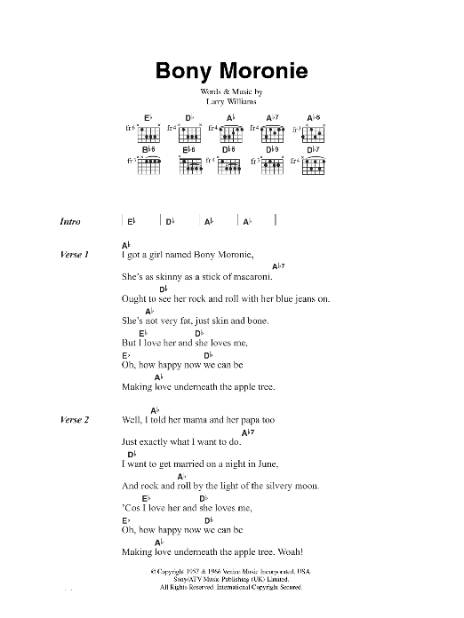 Larry Williams Bony Moronie sheet music notes and chords arranged for Piano, Vocal & Guitar Chords (Right-Hand Melody)