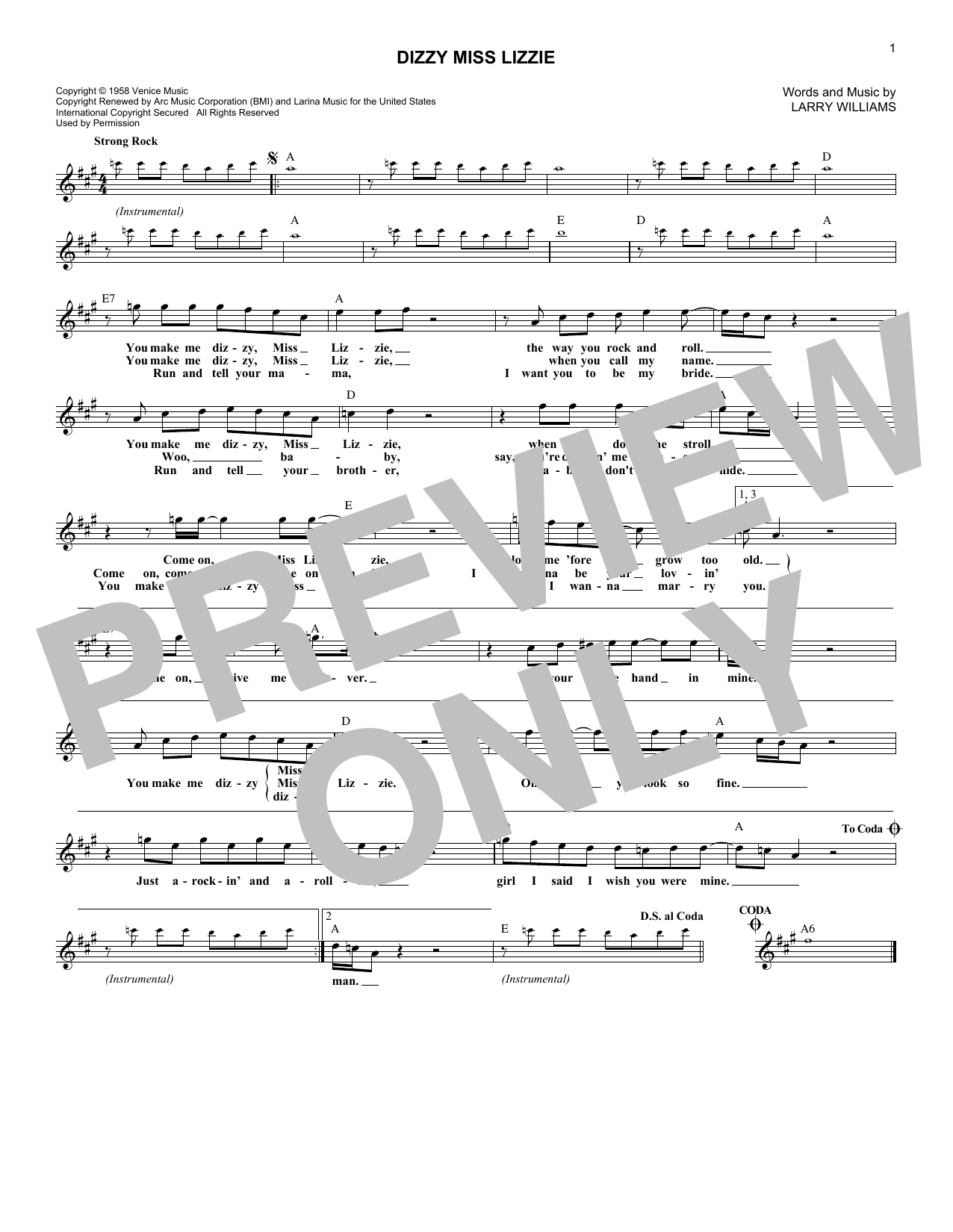 Larry Williams Dizzy Miss Lizzie sheet music notes and chords arranged for Lead Sheet / Fake Book