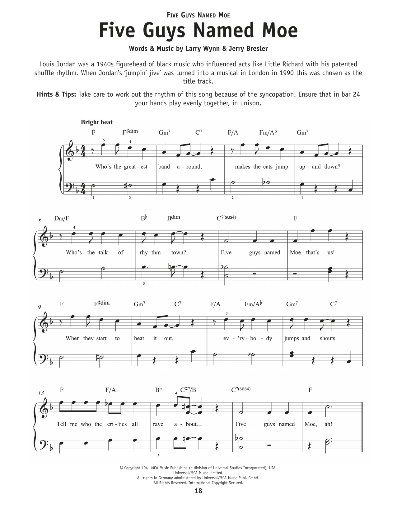 Larry Wynn Five Guys Named Moe sheet music notes and chords arranged for Really Easy Piano