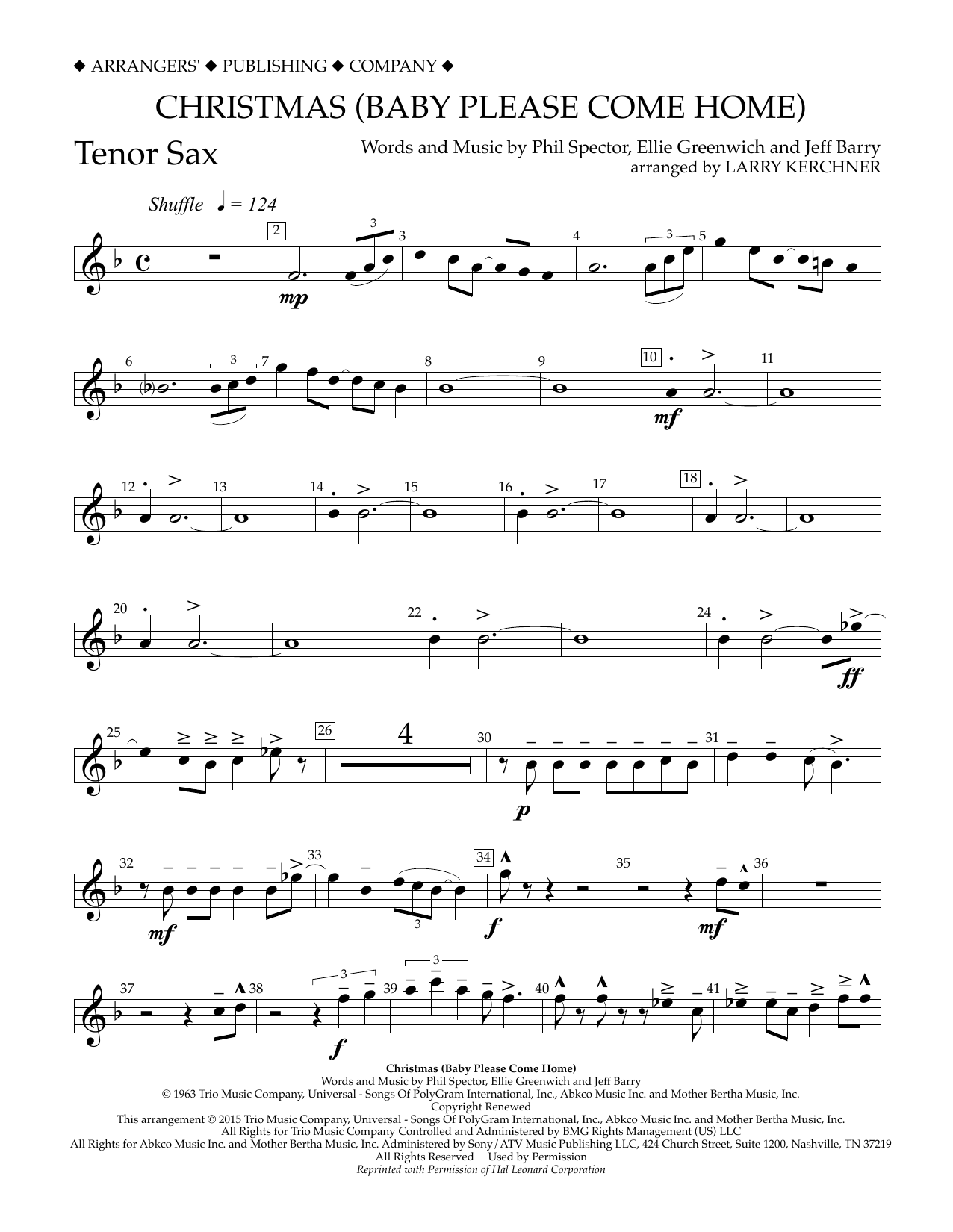 Larry Kerchner Christmas (Baby Please Come Home) - Bb Tenor Saxophone sheet music notes and chords arranged for Concert Band
