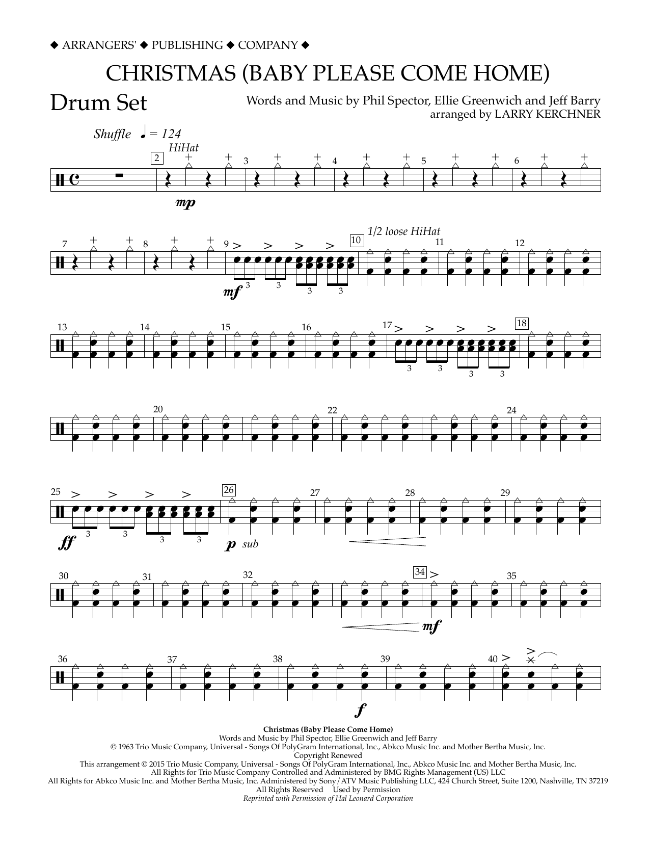 Larry Kerchner Christmas (Baby Please Come Home) - Drum Set sheet music notes and chords arranged for Concert Band
