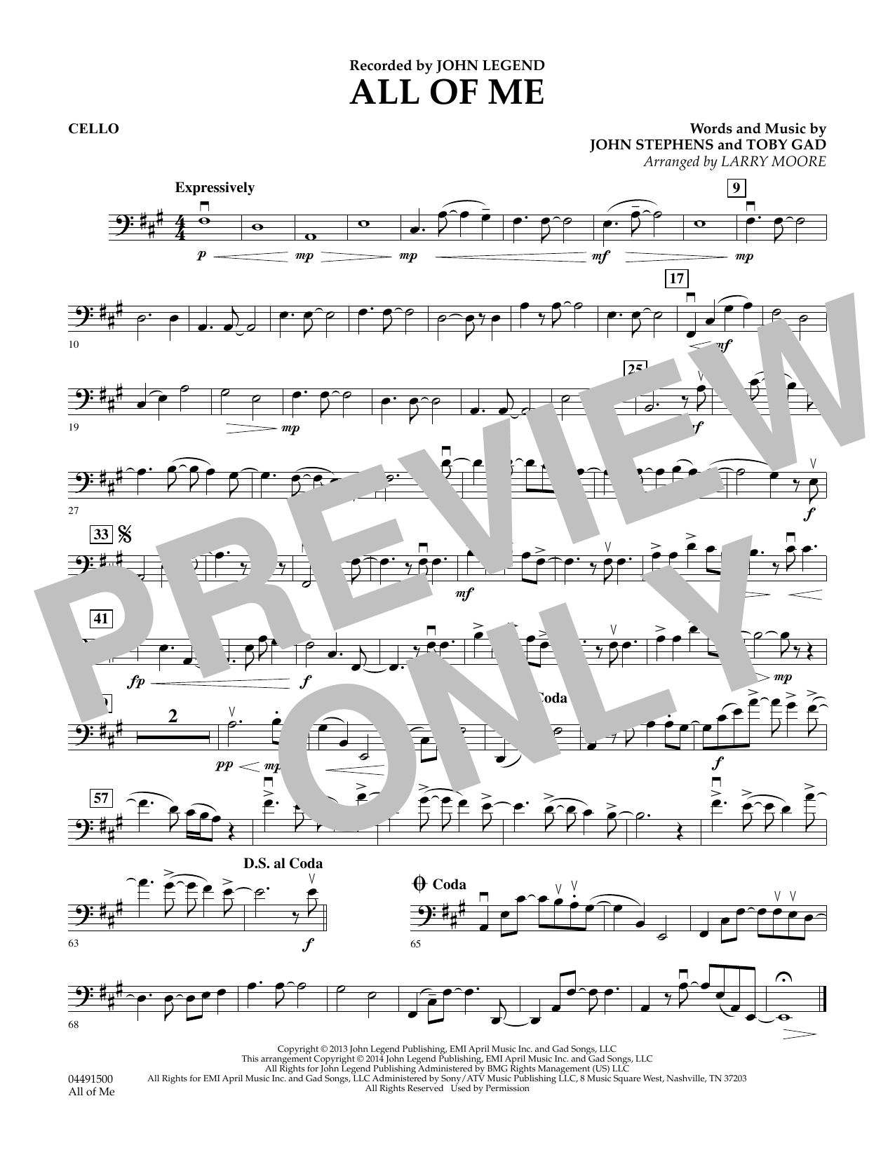 Larry Moore All of Me - Cello sheet music notes and chords arranged for Orchestra