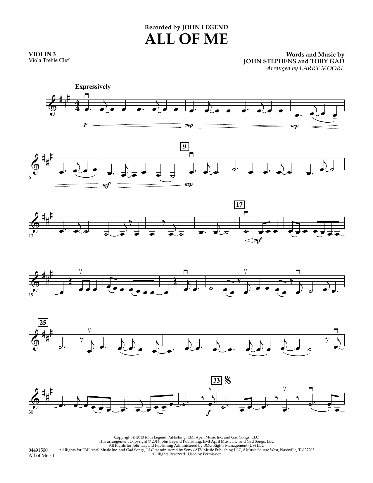 Larry Moore All of Me - Violin 3 (Viola Treble Clef) sheet music notes and chords arranged for Orchestra