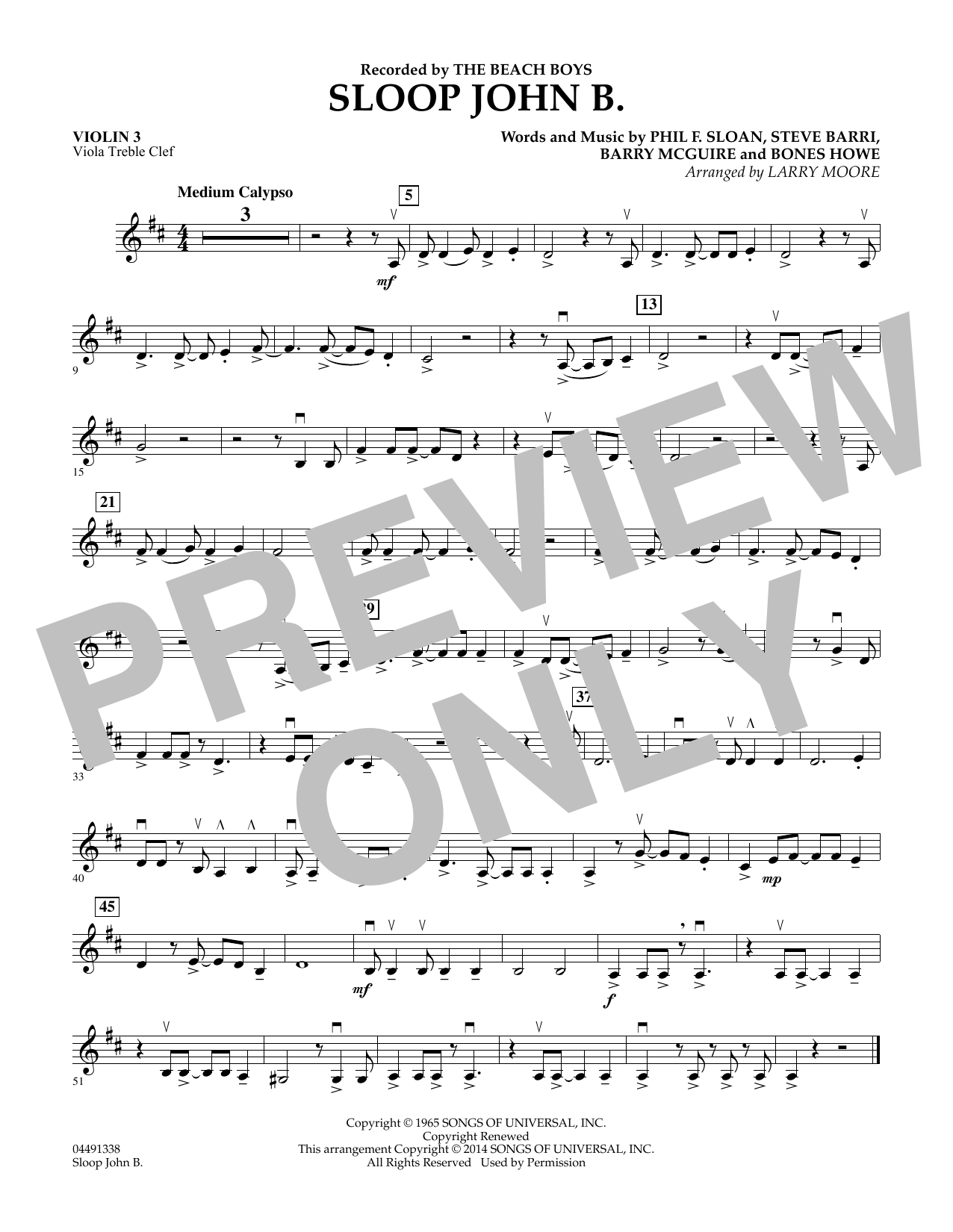Larry Moore Sloop John B - Violin 3 (Viola T.C.) sheet music notes and chords. Download Printable PDF.