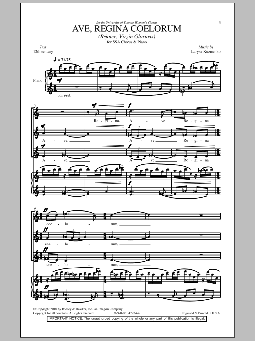 Larysa Kuzmenko Ave, Regina Coelorum (Rejoice, Virgin Glorious) sheet music notes and chords arranged for SSA Choir