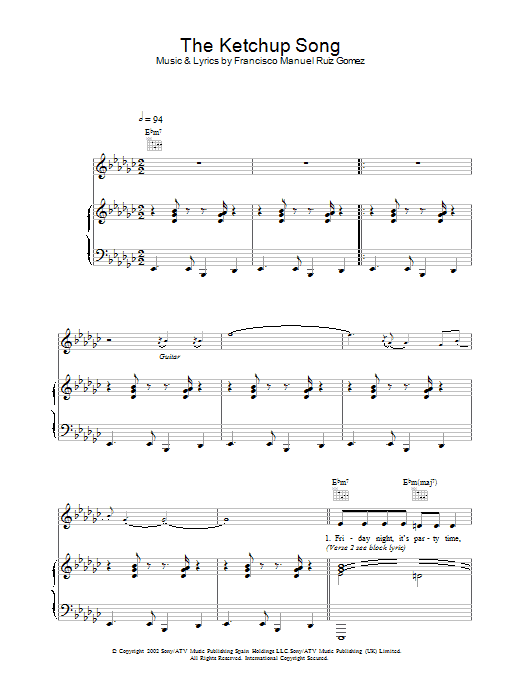 Las Ketchup The Ketchup Song sheet music notes and chords arranged for Piano, Vocal & Guitar Chords