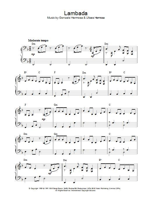 Latin-American Standard Lambada sheet music notes and chords arranged for Piano Solo