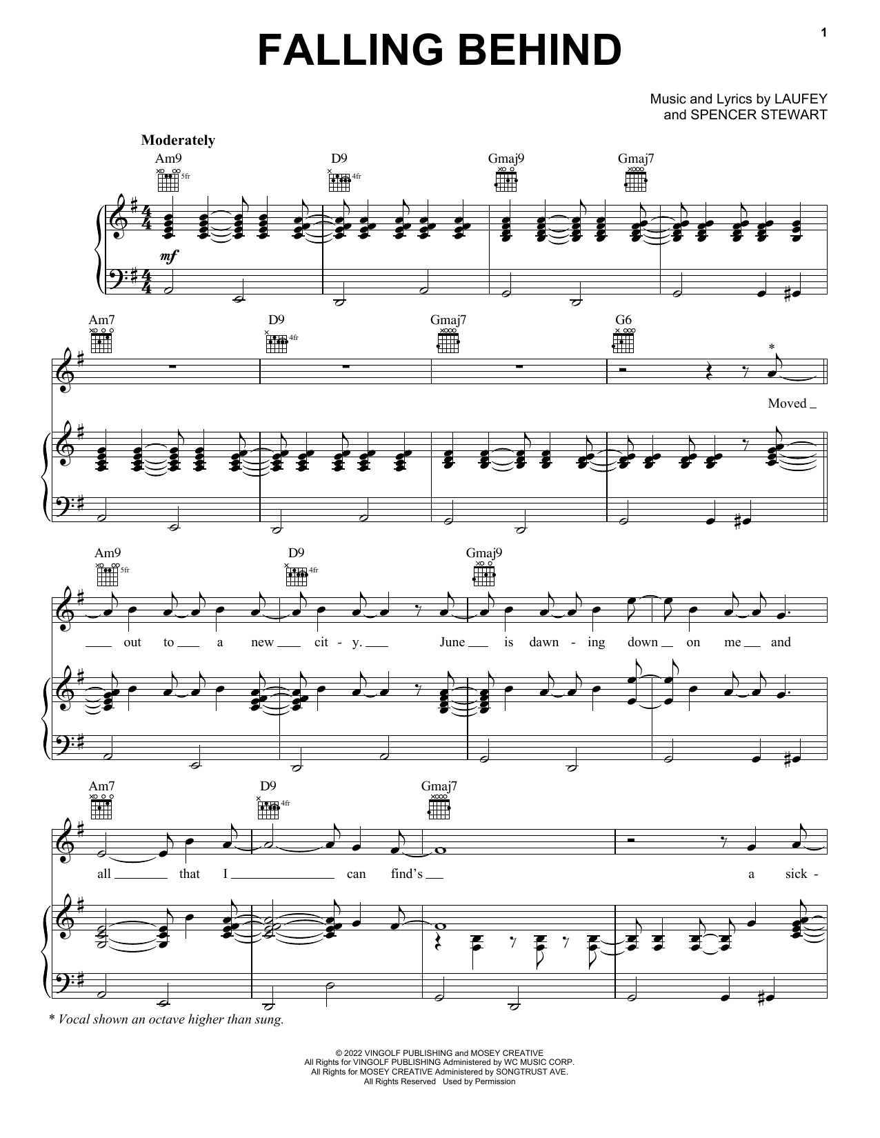 Laufey Falling Behind sheet music notes and chords arranged for Piano, Vocal & Guitar Chords (Right-Hand Melody)
