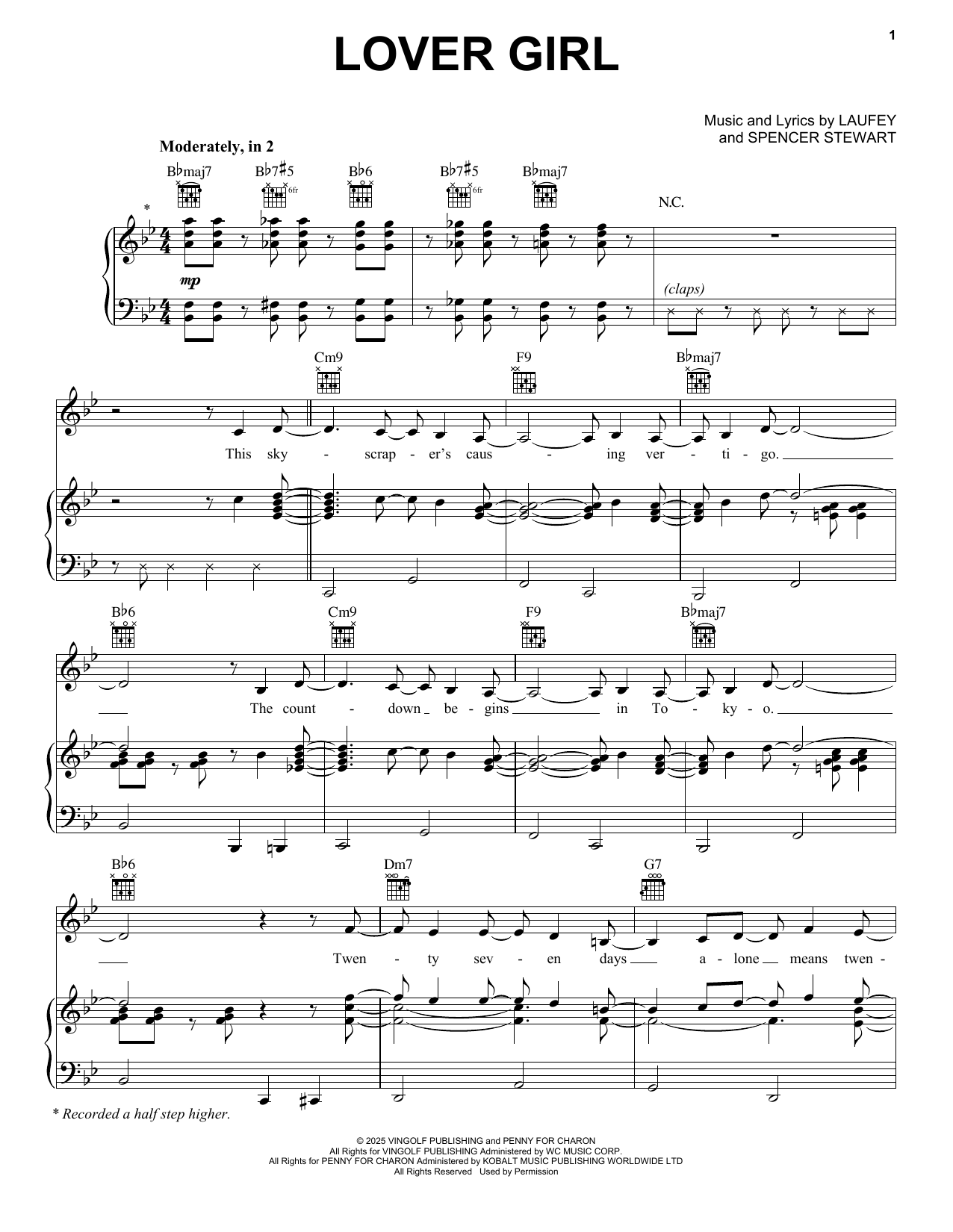 Laufey Lover Girl sheet music notes and chords arranged for Piano, Vocal & Guitar Chords (Right-Hand Melody)