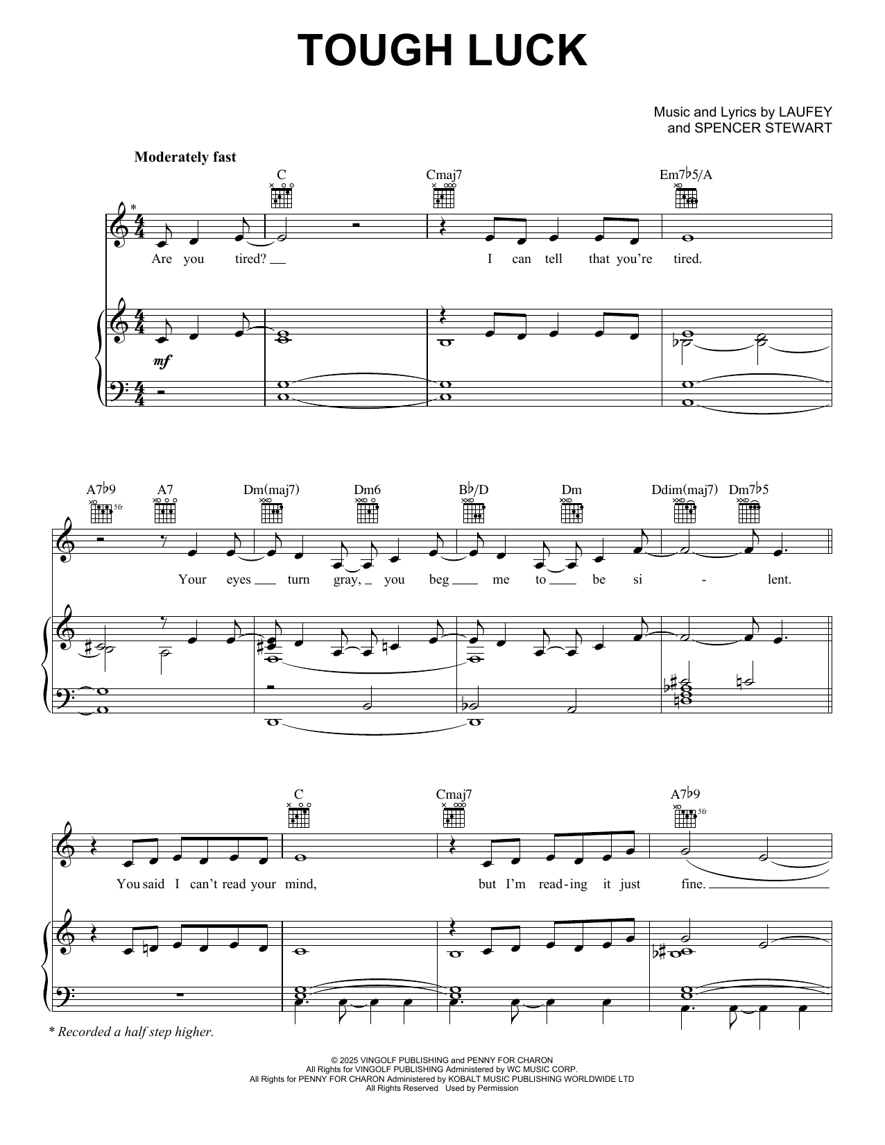 Laufey Tough Luck sheet music notes and chords arranged for Piano, Vocal & Guitar Chords (Right-Hand Melody)