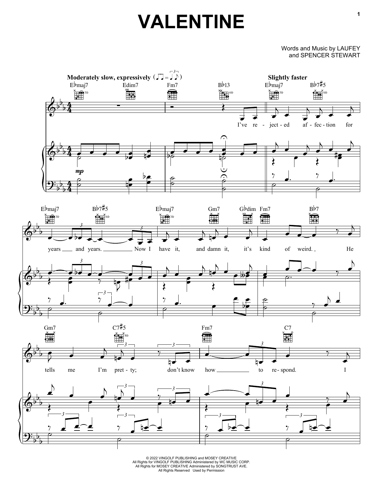 Laufey Valentine sheet music notes and chords arranged for Piano, Vocal & Guitar Chords (Right-Hand Melody)