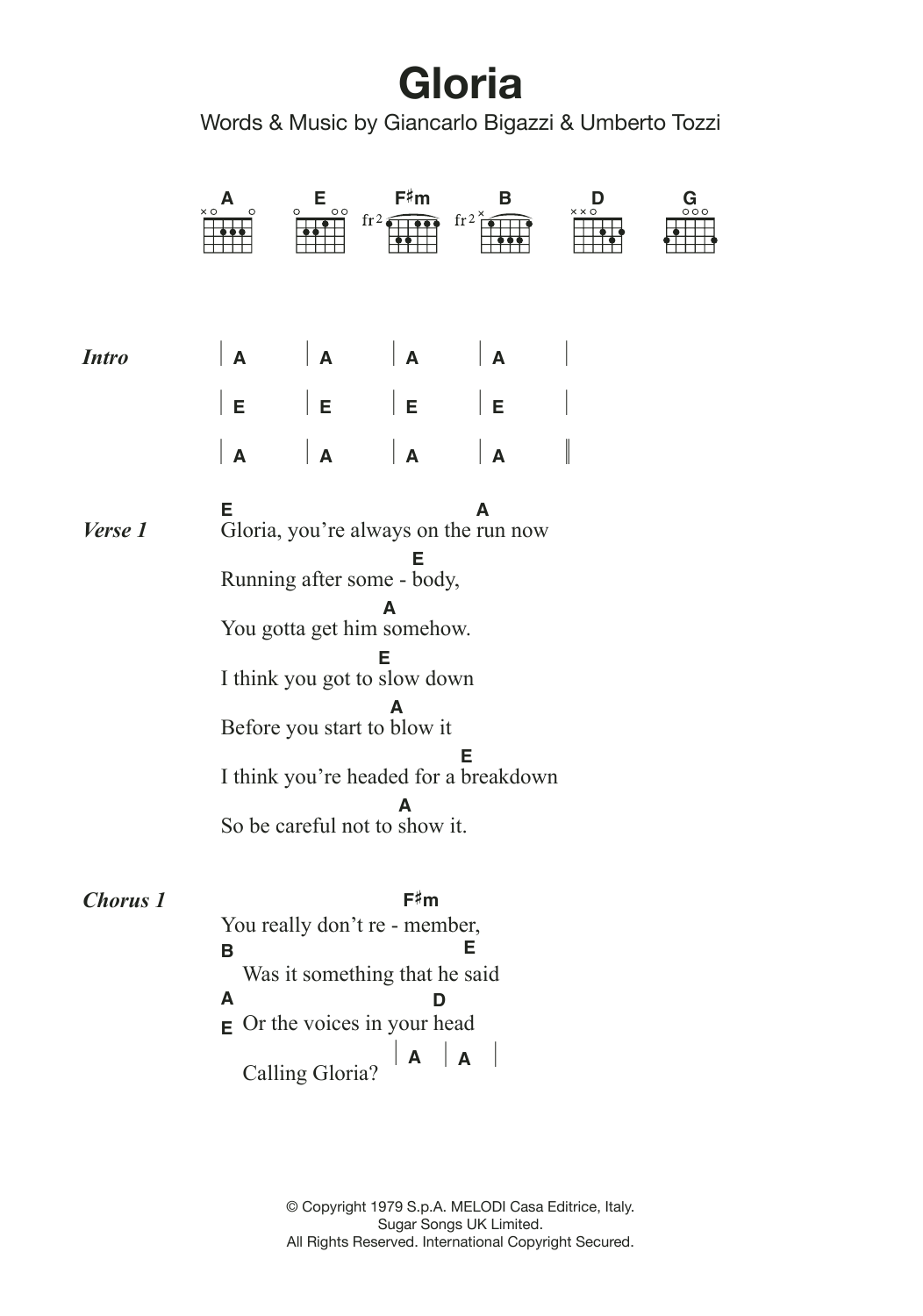 Laura Branigan Gloria sheet music notes and chords arranged for Guitar Chords/Lyrics