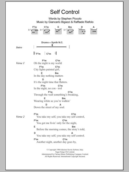 Laura Branigan Self Control sheet music notes and chords arranged for Guitar Chords/Lyrics