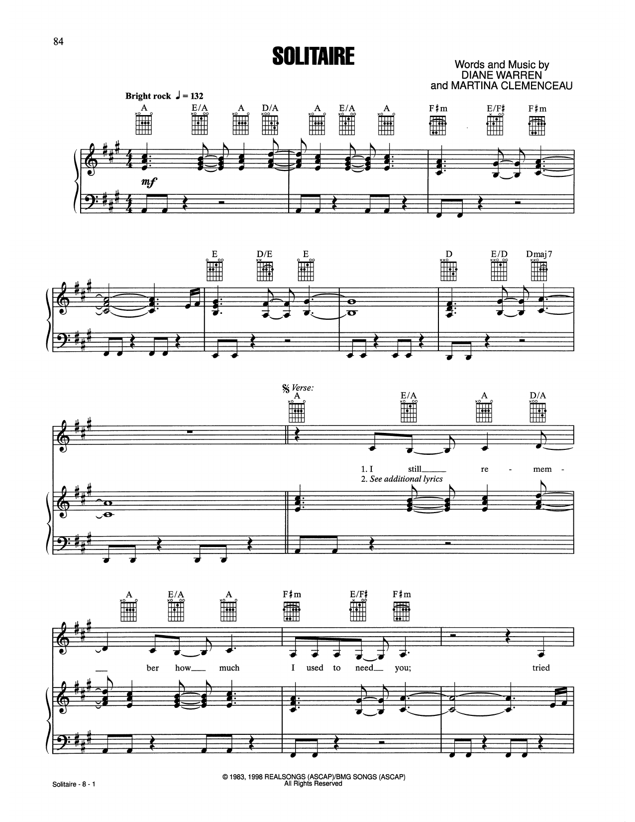 Laura Branigan Solitaire sheet music notes and chords arranged for Piano, Vocal & Guitar Chords (Right-Hand Melody)