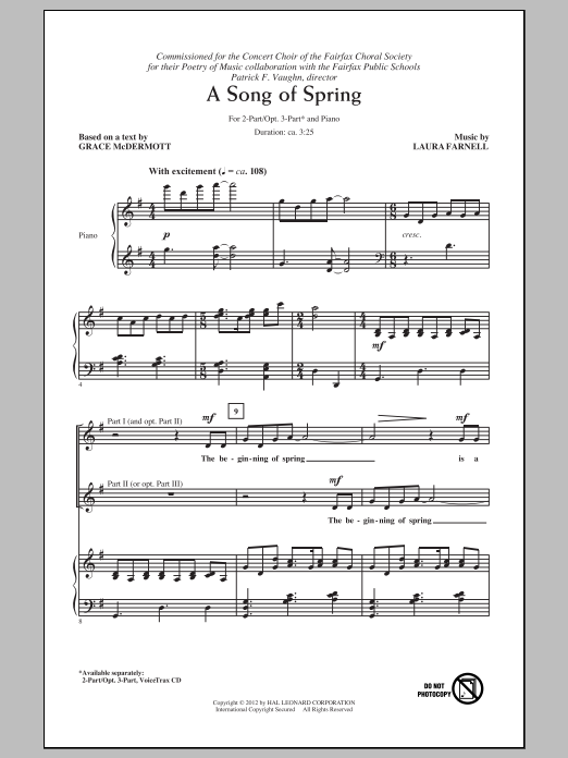 Laura Farnell A Song Of Spring sheet music notes and chords arranged for 2-Part Choir