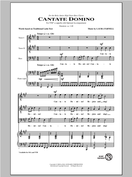 Laura Farnell Cantate Domino sheet music notes and chords arranged for TTBB Choir
