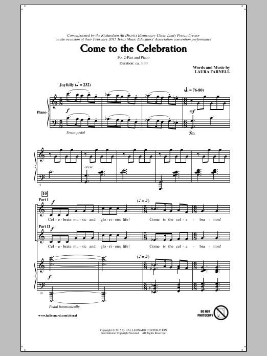 Laura Farnell Come To The Celebration sheet music notes and chords arranged for 2-Part Choir