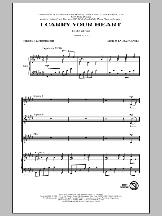 Laura Farnell I Carry Your Heart sheet music notes and chords arranged for SSA Choir