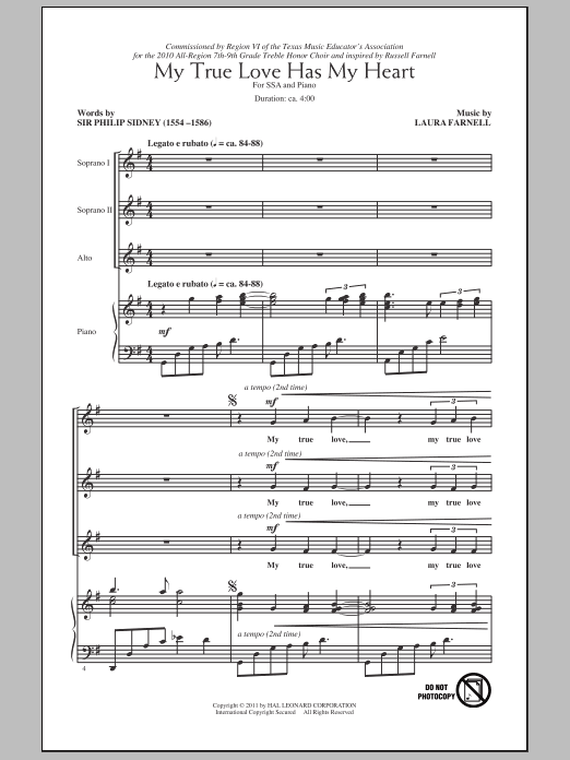 Laura Farnell My True Love Has My Heart sheet music notes and chords arranged for SSA Choir