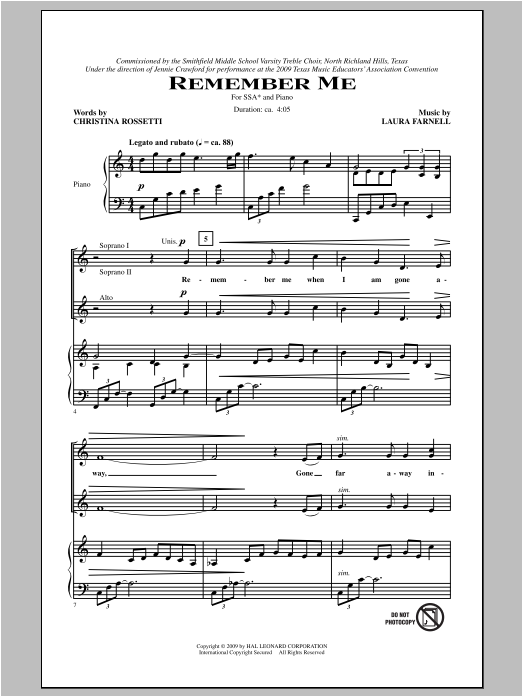 Laura Farnell Remember Me sheet music notes and chords arranged for SSA Choir