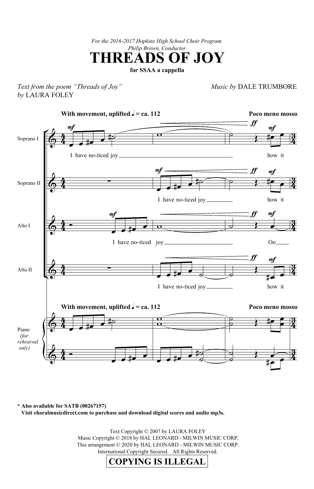 Laura Foley and Dale Trumbore Threads Of Joy sheet music notes and chords arranged for SSAA Choir