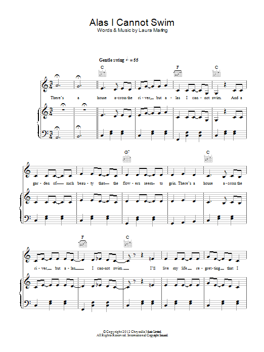 Laura Marling Alas I Cannot Swim sheet music notes and chords arranged for Piano, Vocal & Guitar Chords