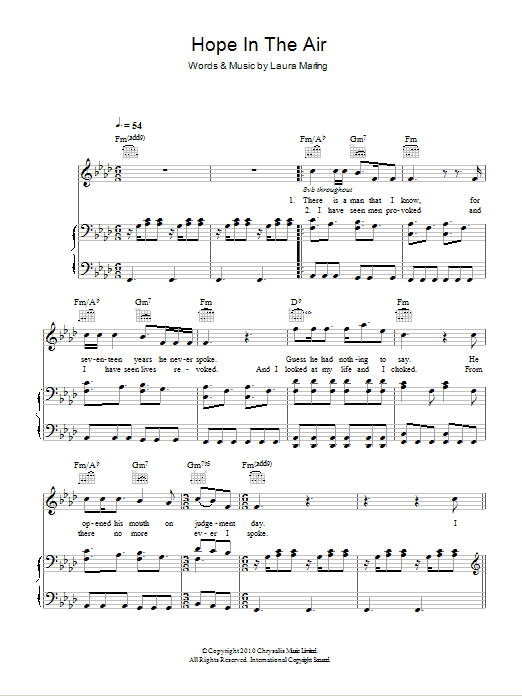 Laura Marling Hope In The Air sheet music notes and chords arranged for Piano, Vocal & Guitar Chords