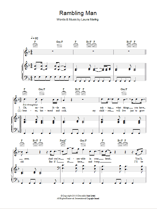 Laura Marling Rambling Man sheet music notes and chords arranged for Piano, Vocal & Guitar Chords