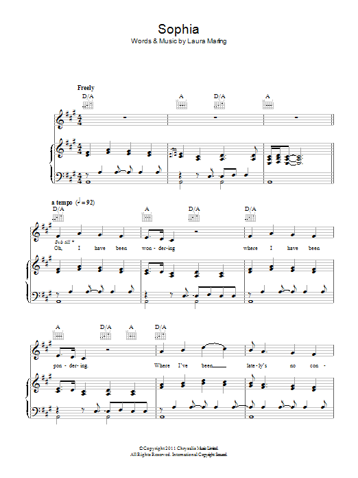 Laura Marling Sophia sheet music notes and chords arranged for Piano, Vocal & Guitar Chords
