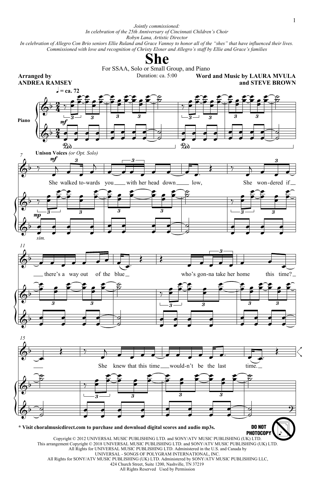 Laura Mvula She (arr. Andrea Ramsey) sheet music notes and chords arranged for SSA Choir