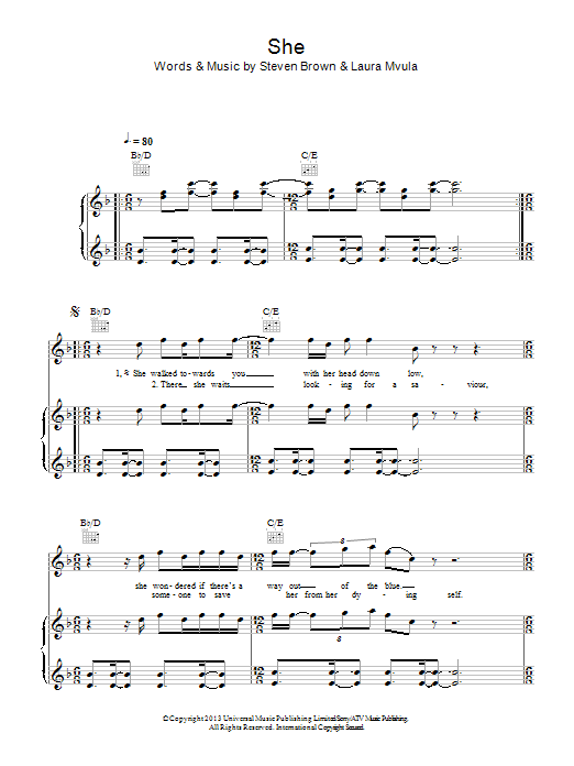 Laura Mvula She sheet music notes and chords arranged for Piano, Vocal & Guitar Chords