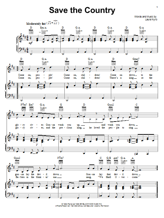 Laura Nyro Save The Country sheet music notes and chords arranged for Piano, Vocal & Guitar Chords (Right-Hand Melody)