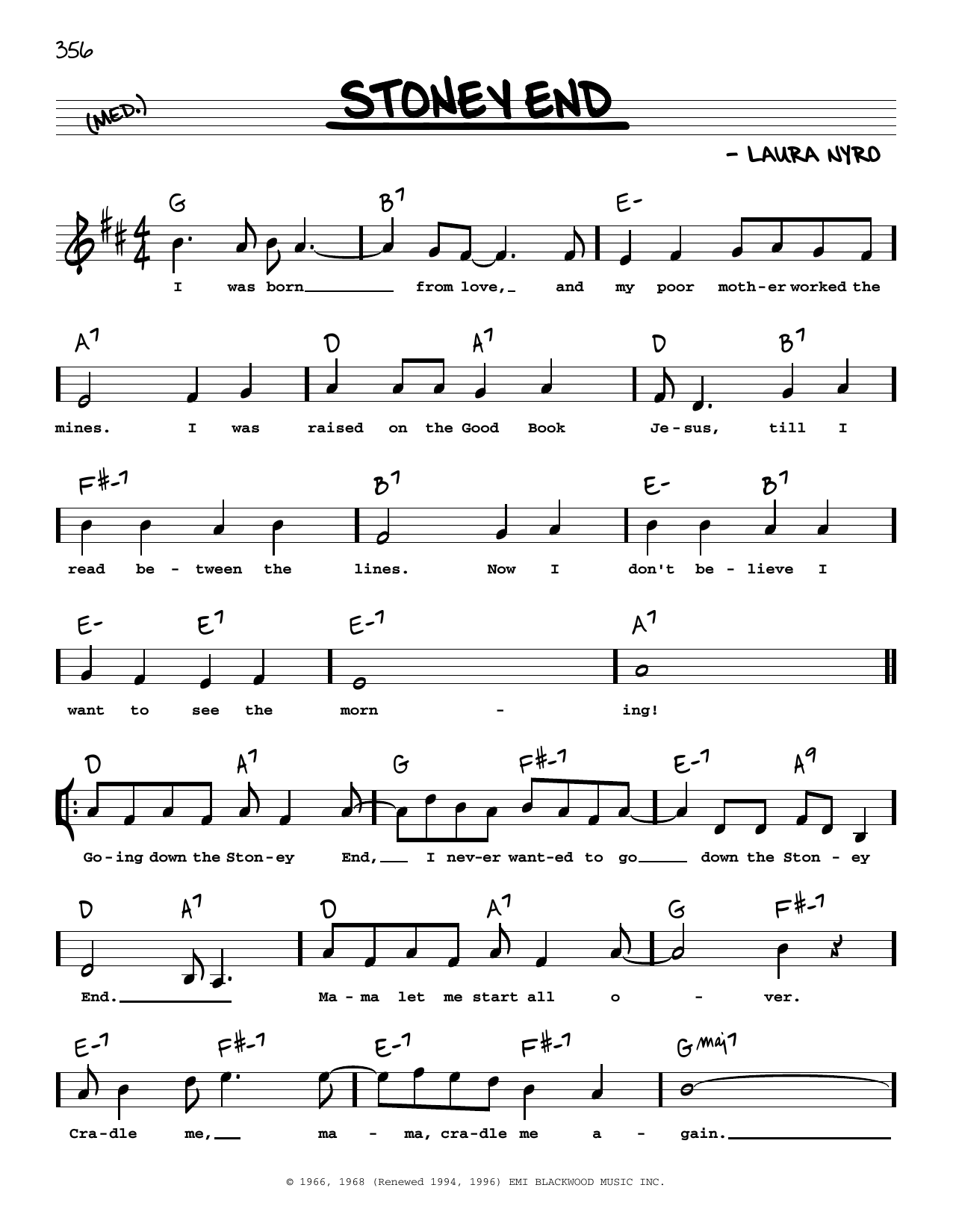 Laura Nyro Stoney End (High Voice) sheet music notes and chords arranged for Real Book – Melody, Lyrics & Chords