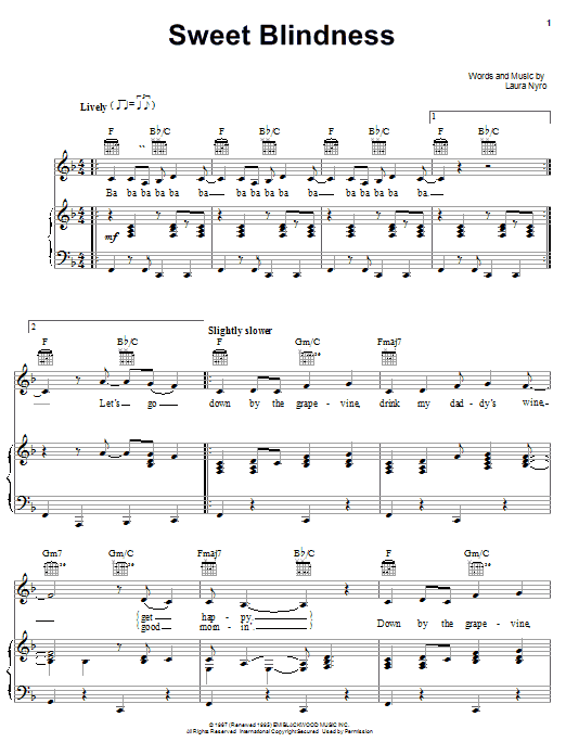 Laura Nyro Sweet Blindness sheet music notes and chords arranged for Piano, Vocal & Guitar Chords (Right-Hand Melody)
