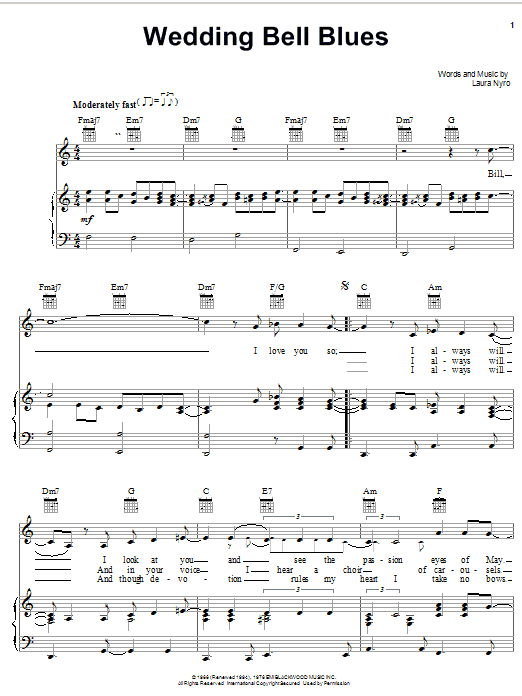 Laura Nyro Wedding Bell Blues sheet music notes and chords arranged for Piano, Vocal & Guitar Chords (Right-Hand Melody)