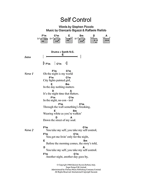 Laura Branigan Self Control sheet music notes and chords arranged for Guitar Chords/Lyrics