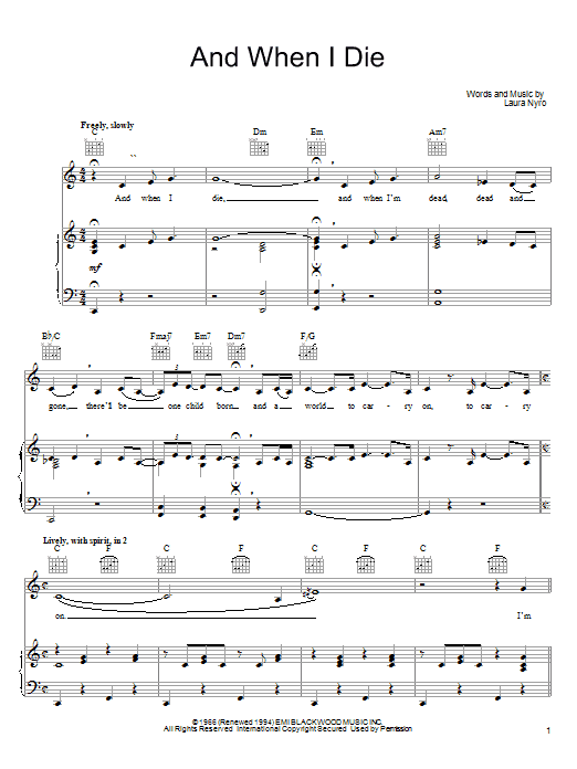 Laura Nyro And When I Die sheet music notes and chords arranged for Piano, Vocal & Guitar Chords (Right-Hand Melody)