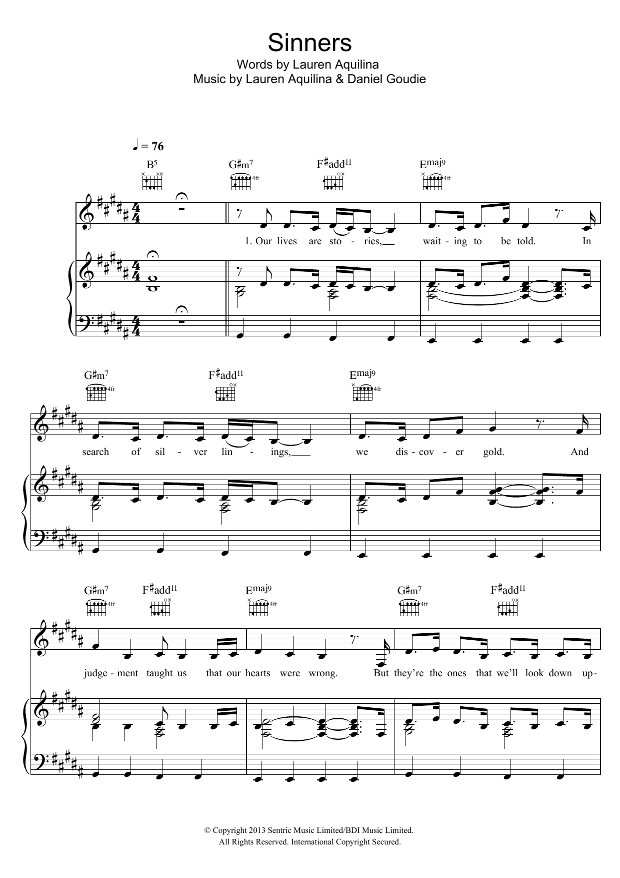 Lauren Aquilina Sinners sheet music notes and chords arranged for Piano, Vocal & Guitar Chords