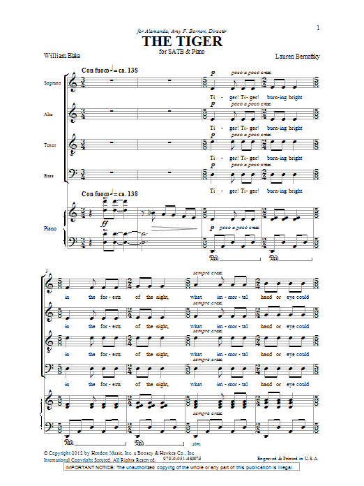 Lauren Bernofsky The Tiger sheet music notes and chords arranged for SATB Choir