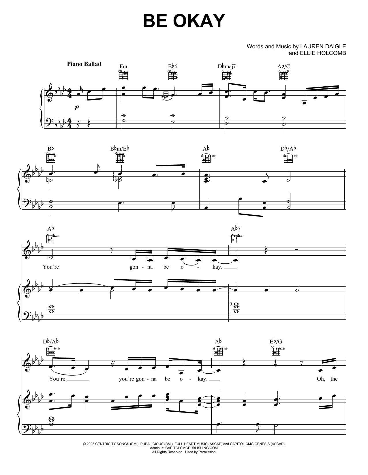 Lauren Daigle Be Okay sheet music notes and chords arranged for Piano, Vocal & Guitar Chords (Right-Hand Melody)