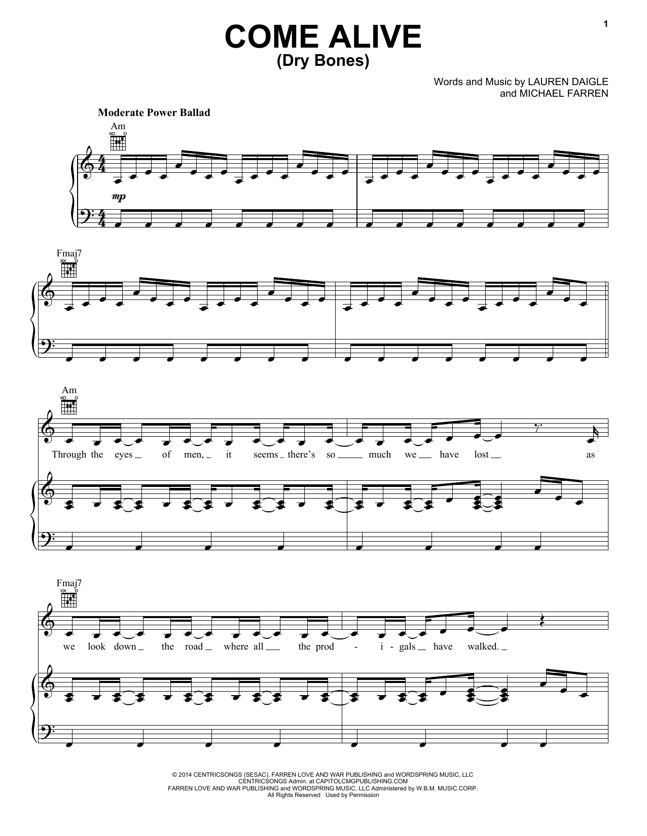 Lauren Daigle Come Alive (Dry Bones) sheet music notes and chords arranged for Piano, Vocal & Guitar Chords (Right-Hand Melody)