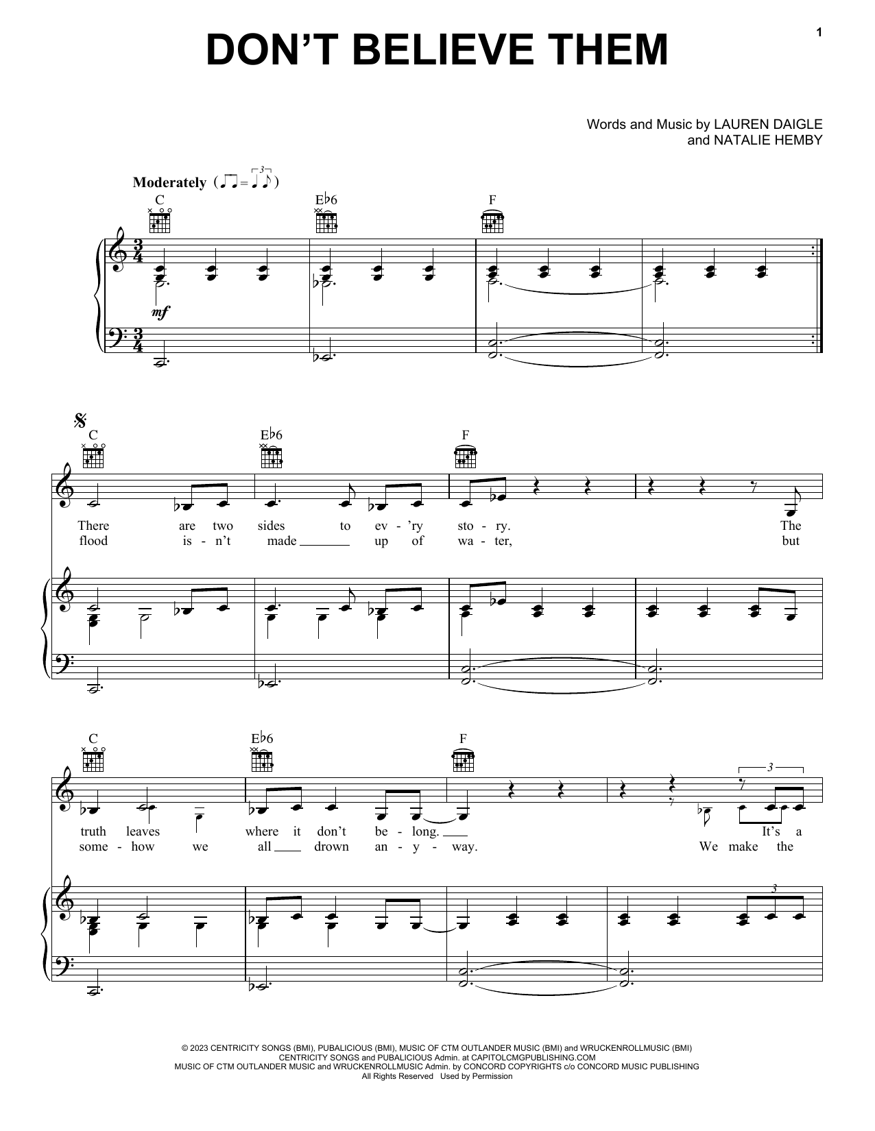 Lauren Daigle Don't Believe Them sheet music notes and chords arranged for Piano, Vocal & Guitar Chords (Right-Hand Melody)