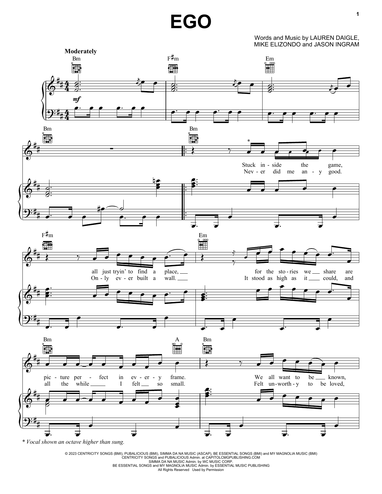 Lauren Daigle Ego sheet music notes and chords arranged for Piano, Vocal & Guitar Chords (Right-Hand Melody)